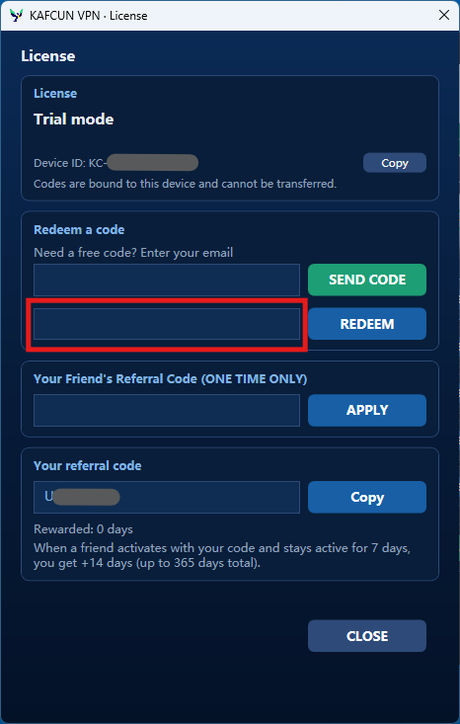 License window redeem code field highlighted