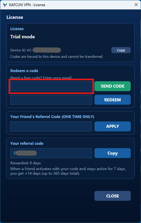 License window email field highlighted