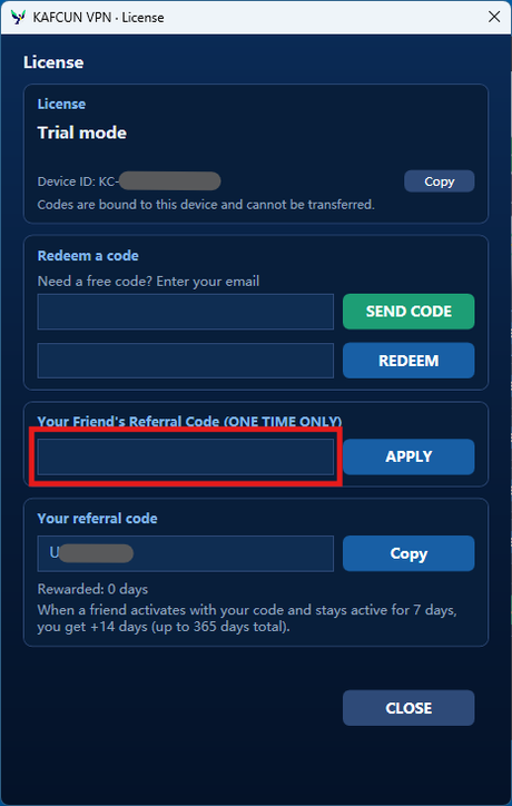 License window friend referral field highlighted