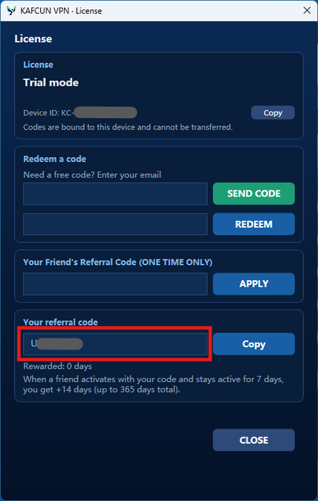 License window my referral code panel highlighted