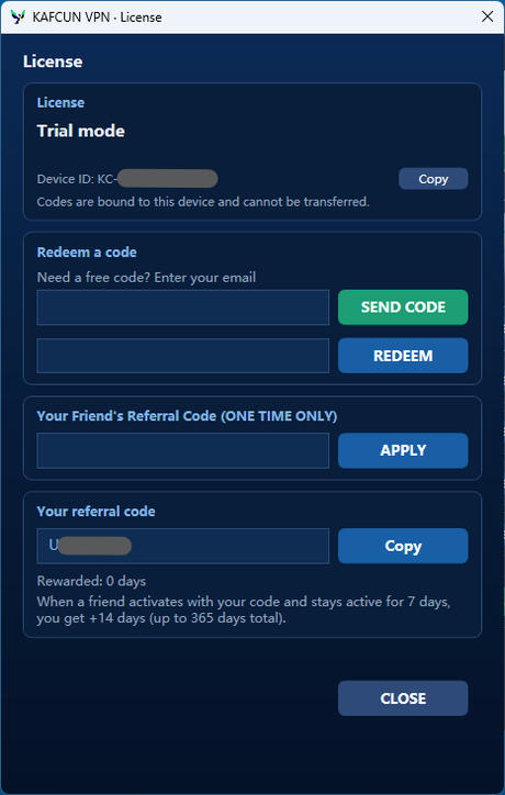 The Kafcun License window showing status, expiry and device ID