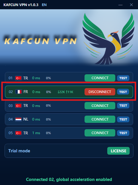 Kafcun connected state with red disconnect button