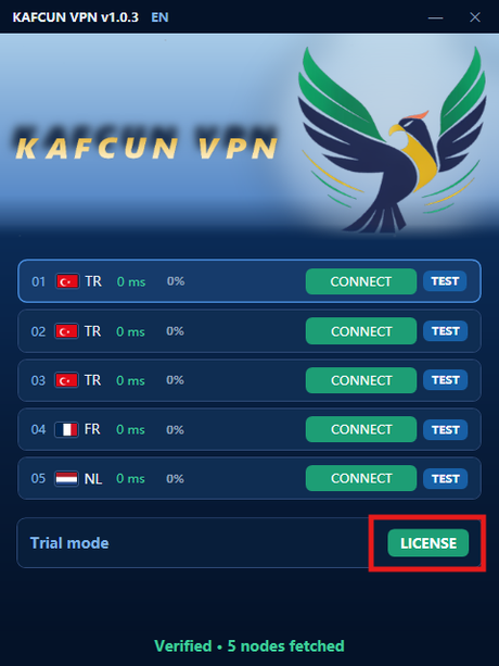 Main window with the LICENSE button highlighted