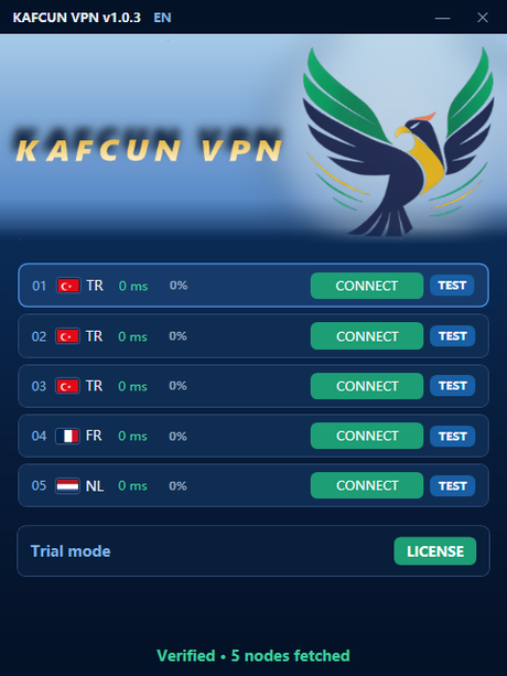 Kafcun main window with the server list and connect button